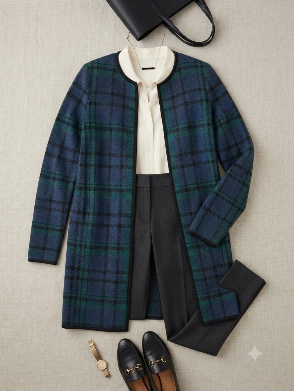 Talbots Merino Wool Navy Green Black Plaid Long Sleeve Open Front Cardigan